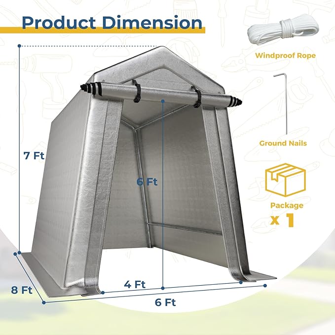 6 x 8 FT Carport, Portable Shed w/220G Heavy Duty Waterproof PE Tarp, Roll-up Zipper Door & Vent, Weather-Resistant Storage Shed for Motorcycle, Bike and Tools, Gray