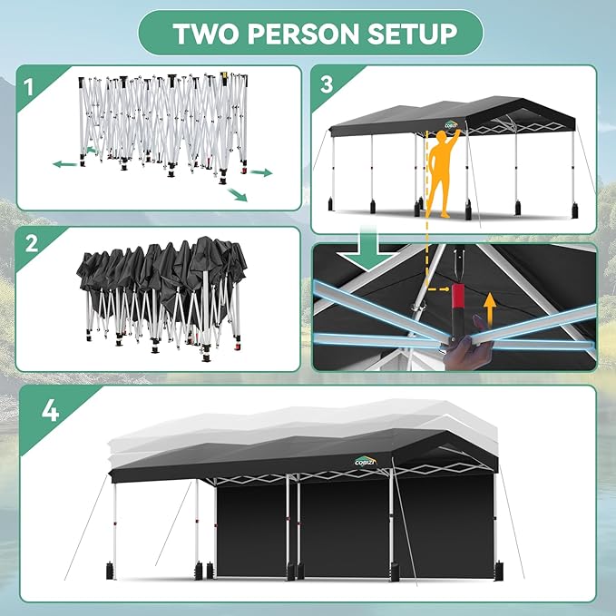 COBIZI 10x30 Pop Up Canopy with One Button Push Center Lock,Ez Up Portable Carport with 3 sidewalls,Waterproof UV50+ Outdoor Party Commercial Carport Canopy Gazebos with Roller Bag(10 x 30 ft Black)