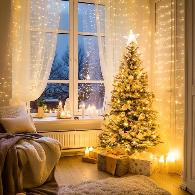 200LED 60FT Warm White LED Christmas Tree String Lights Outdoor Waterproof Twinkle Lights for Bedroom with 8 Modes Memory Function & Timer Plug in Xmas for House Holiday Indoor Decorations