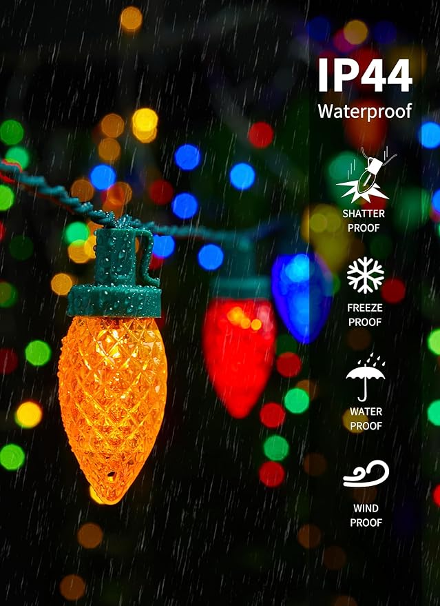 Minetom C9 Christmas Lights Outdoor, 81 Feet 100 LED String Lights with Timer & 8 Light Mode, Waterproof Commercial Grade Christmas Tree Lights for Outside Indoor Roofline Patio, Multicolor 2 Pack