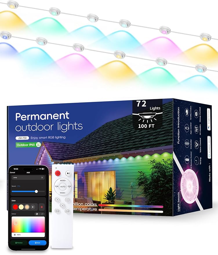 Permanent Christmas Eave Lights, 100ft with 72 RGB LED Lights, IP65 Waterproof, 49 Scene Modes, DIY Mode, Alexa/Google Compatible