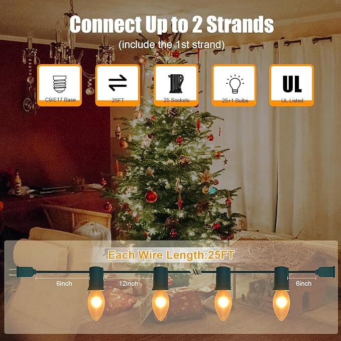 25Ft Frosted White Christmas Lights C9 Vintage Christmas String Lights with 26 Frosted White Bulbs(1 Spare) Hanging Outdoor String Lights for Patio Holidays Christmas Prom Party Wedding- Green Wire