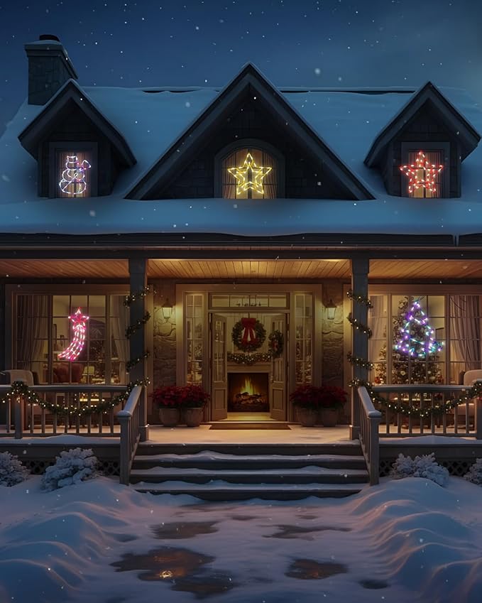 12'' Smart Christmas Window Lights 4 Pack, Color Changing Window Silhouette Lights, Timer, App Control, Music Sync, Xmas Trees, Snowmen, Star, Lighted Christmas Decorations for Indoor Outdoor