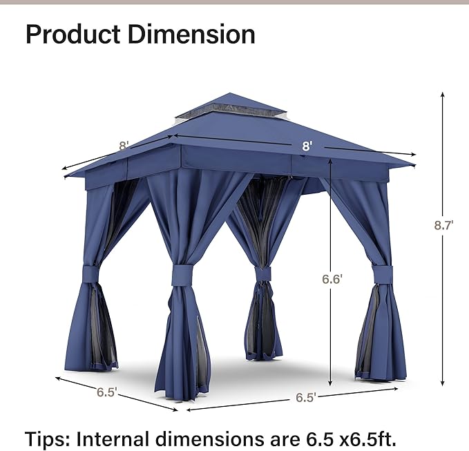 LAUSAINT HOME 8x8ft Outdoor Patio Gazebo with Double Roof, Heavy Duty Waterproof Gazebo Canopy Tent with Mosquito Netting for Backyard, Garden, Lawn & Wedding, Navy Blue