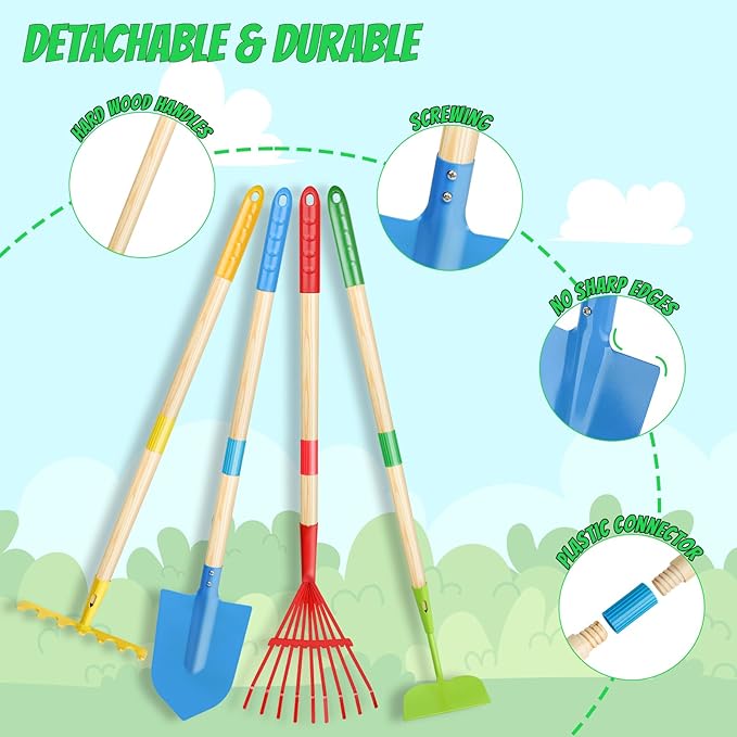 Magic4U Kids Gardening Tools Set, 22 Pcs Metal Garden Tools Toys with Apron, Gloves, Wood Handle Shovel, Rake, Hoe and Leaf Rake, Outdoor Digging Toys Gifts for Kids Age 3+