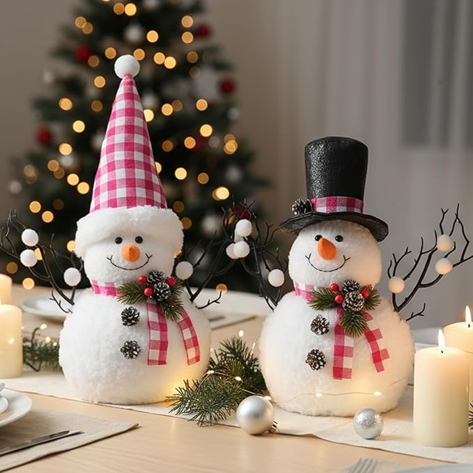 2 Pack Christmas Table Decorations, 14" Lighted Plush Snowmen FigurinesPastel Christmas Ornaments, Light Up Snowman Holiday Present, Battery Operated Xmas Gifts Indoor Tabletop Ornaments