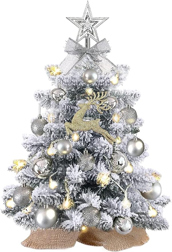 Mini Christmas Tree Prelit, Small Artificial Christmas Tree with Lights, Pre Lit Little Decoration for Table Top Home Cafe Office, Snow Flocked