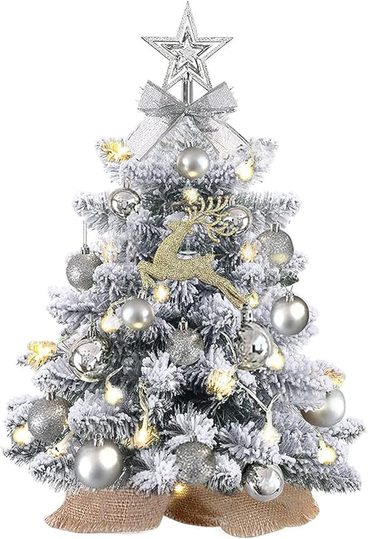 Mini Christmas Tree Prelit, Small Artificial Christmas Tree with Lights, Pre Lit Little Decoration for Table Top Home Cafe Office, Snow Flocked