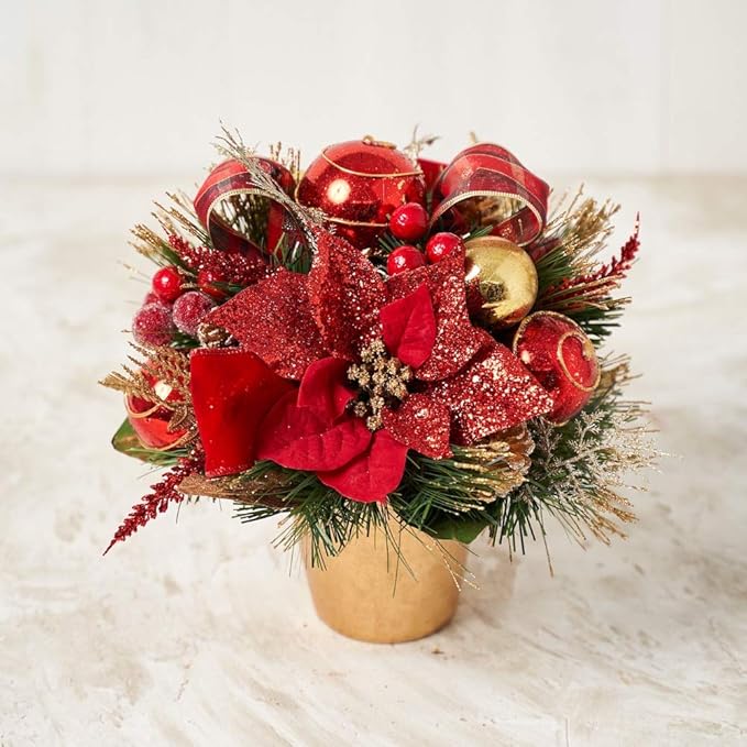 Holiday Tree Christmas Centerpiece - Red Poinsettia Centerpiece with Pot - Handcrafted Glittery Poinsettias, Faux Florals, Foliage, Berries and Ornaments with Red Plaid Ribbon