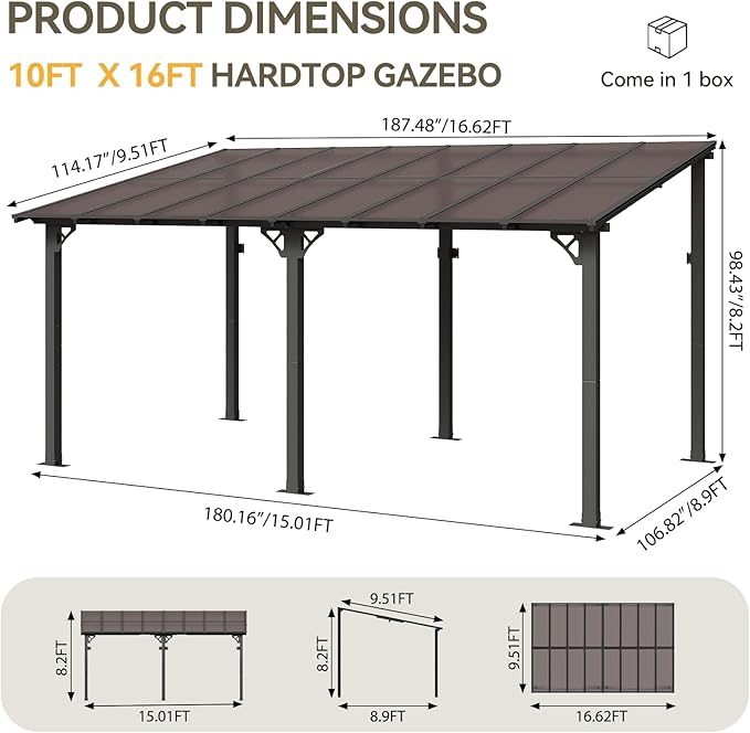 Aoxun 16' x 10' Gazebo for Patio, Gazebo Pergola with Sloped Roof, Large Wall-Mounted Heavy Duty Awnings, for Backyard, Deck, Patio