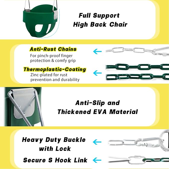 Toddler Swing Set for Outside - High Back Full Bucket Seat with 4 Hanging Straps and Hooks for Kids, Infants, Baby - Outdoor Tree Swing