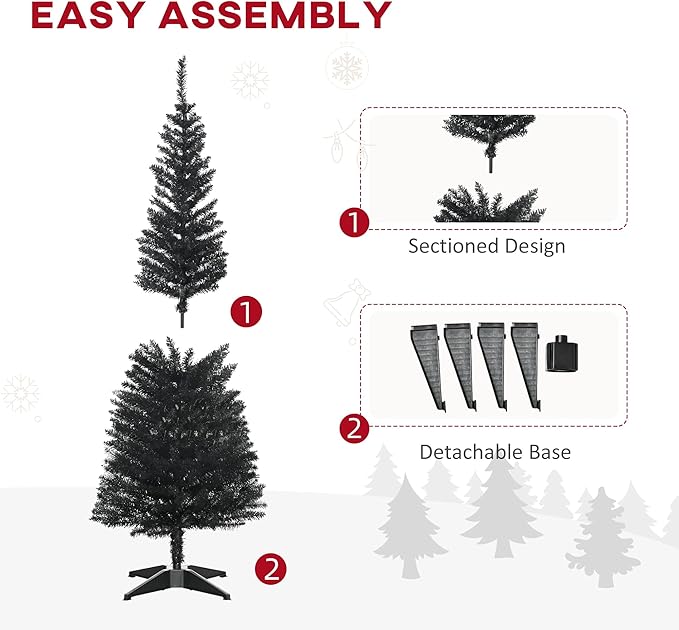 HOMCOM 5' Artificial Pencil Christmas Tree, Slim Xmas Tree with 294 Realistic Branch Tips and Plastic Stand, Black