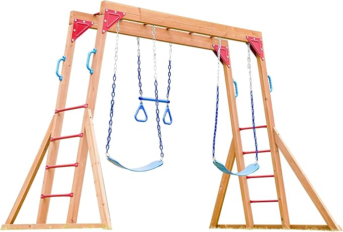 Dolphin Playground Wooden Swing Sets for Backyard with Monkey Bar, Outdoor Playset for Kids with Trapeze Swing Bar and 2 Belt Swings, Kids Outdoor Play Equipment, Heavy Duty Playground Accessories