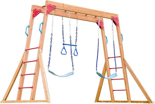 Dolphin Playground Wooden Swing Sets for Backyard with Monkey Bar, Outdoor Playset for Kids with Trapeze Swing Bar and 2 Belt Swings, Kids Outdoor Play Equipment, Heavy Duty Playground Accessories