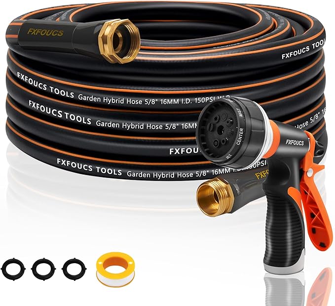 Heavy Duty Garden Hose ? 5/8 Inch Flexible, Lightweight Hybrid Hose with 600 PSI Burst Pressure, Swivel Handle, and Durable Copper Male/Female Fittings (Black with hose sprayer, 50FT)