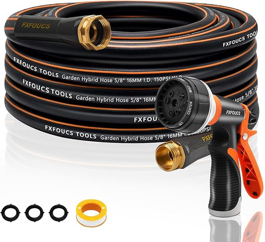 Heavy Duty Garden Hose ? 5/8 Inch Flexible, Lightweight Hybrid Hose with 600 PSI Burst Pressure, Swivel Handle, and Durable Copper Male/Female Fittings (Black with hose sprayer, 50FT)