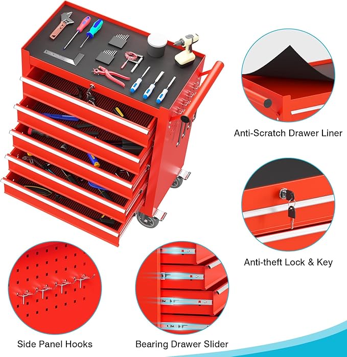 5 Drawers Rolling Tool Chest, Portable Storage Tool Box with Wheels, Tool Chest with Lock for Warehouse, Garage, Repair Shop and Tool Room (Red)