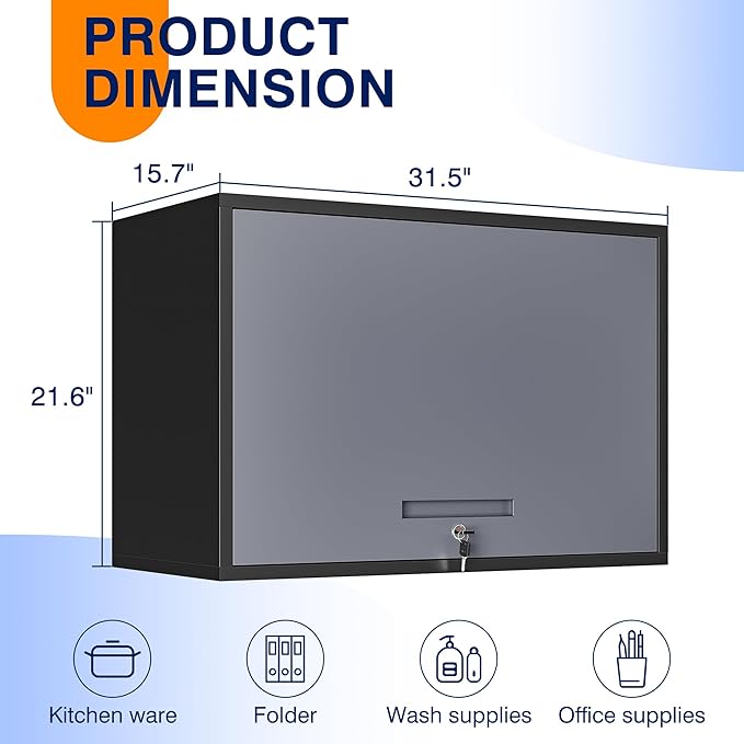 Yizosh Metal Wall Cabinet with Doors and Shelves, Wall Mounted Storage Cabinet for Garage, Basement, Kitchen, Warehouse (Black Gray, 21.6 H)