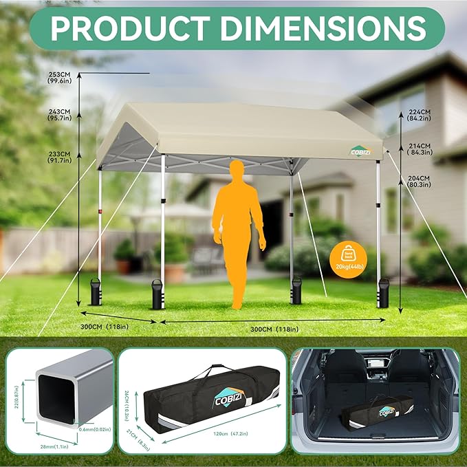 COBIZI 10x10 Pop Up Canopy with One Button Push Center Lock,Ez Up Portable Carport with 1 sidewall,Waterproof UV50+ Outdoor Party Commercial Carport Canopy Gazebos with Carry Bag(10 x 10 ft Khaki)