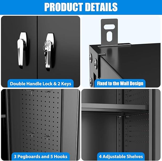 Aobabo Extra Large Garage Storage Cabinet on Wheels, Metal Storage Cabinet with 4 Shelves, 3 Pegboards and 2 Tool Pouches for Home Office Stash, Assembly Required, (Black,43.3''W x 21.9''D x 72''H)