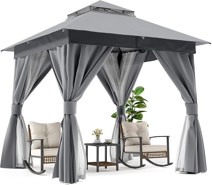 LAUSAINT HOME Semi-Permanent Patio Gazebo 8'x8' with Expansion Bolts, Outdoor Heavy Duty Party Tent with Double Roofs, Mosquito Nettings and Privacy Screens for Backyard, Garden, Lawn, Smoke Grey