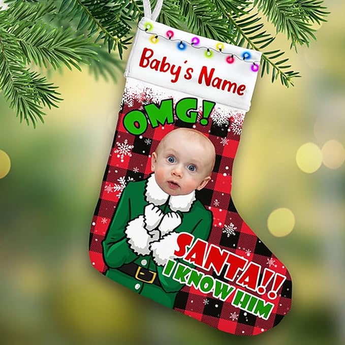 LOVELYPOD Christmas Stockings Personalized with Name, 19" Christmas Stocking Elf Kids Photo Christmas Stocking 2023, Xmas Stocking Holiday Christmas Decoration Gifts for Family Kids