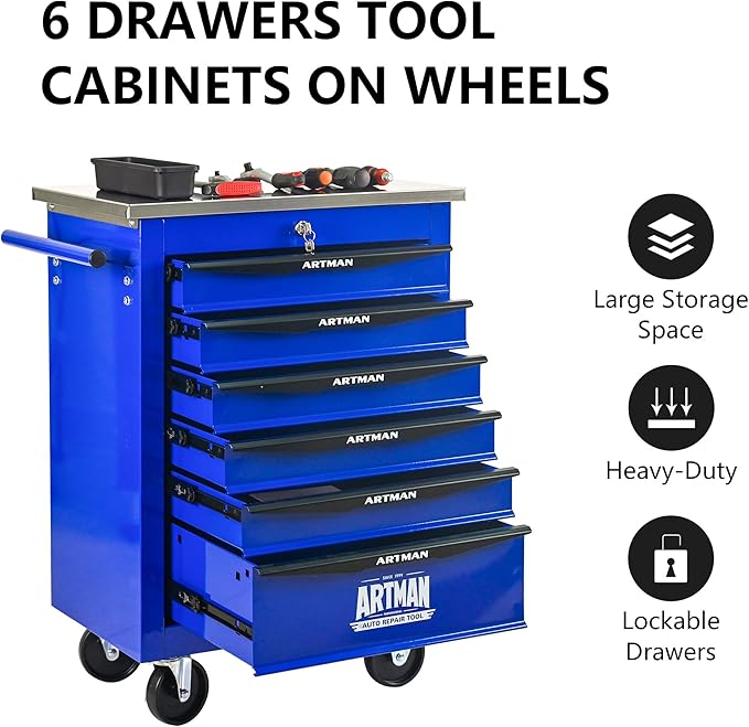 RYH 4/5/6/7 Drawers Rolling Tool Chest -Heavy Duty Mobile Metal Tool Box with Locking Wheels, with Stainless Steel Worktop, Garage Tool Storage Cabinet (Blue, 6-Drawers 30.7 H¡¿22.2 W)