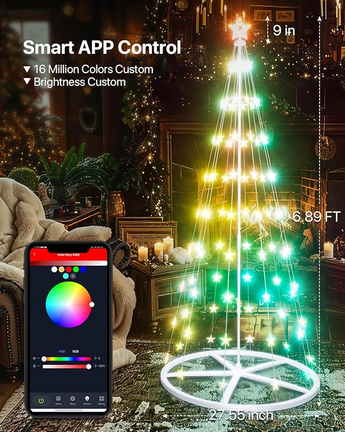 6.9ft Smart Led Christmas Cone Tree Light,Outdoor Lighted Christmas Tree 100 Led Lighted Artificial Tree with Star Topper, Remote App Control, DIY Colors Light Show Tree for Outdoor Decorations