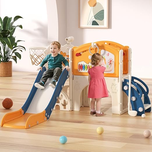 BIERUM Toddler Slide Set, 13 in 1 Kids Indoor Slide for Toddler 1-3, Indoor Outdoor Toddler Slide Playset with Basketball Hoop, Golf Game & Drawing Board, Baby Indoor Slide Playground, Blue&Yellow