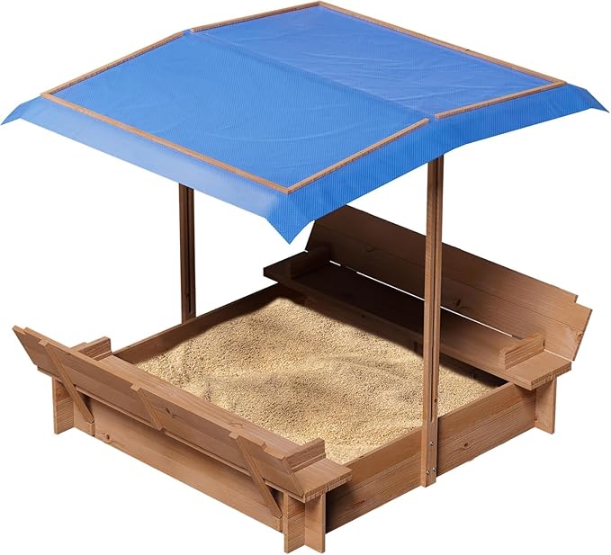 Kids Wooden Sandbox with Adjustable Canopy, Rotatable Sunshade Cover & Two Foldable Bench Seats for Outdoor Play