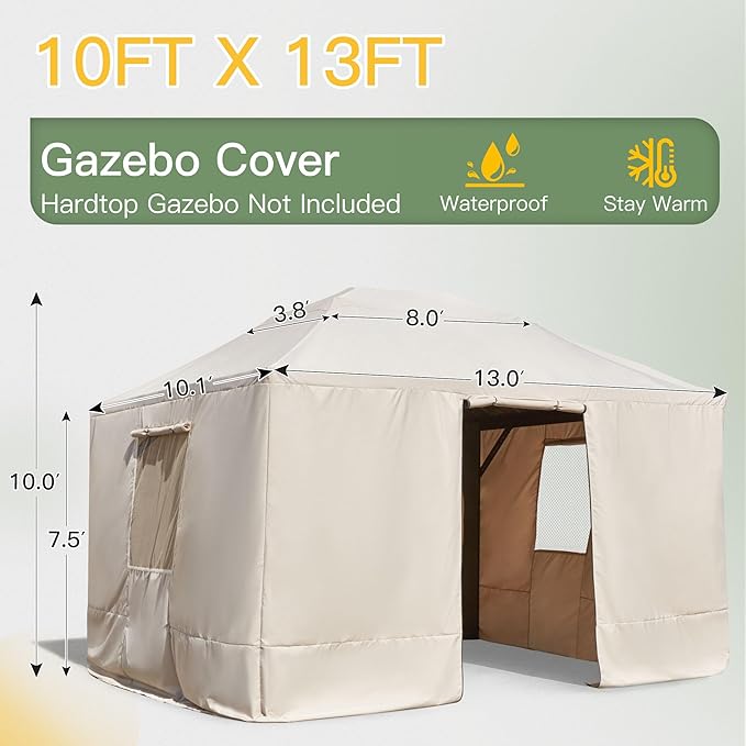 MELLCOM Winter Gazebo Cover for 10×13 Hardtop Gazebo, Accessories for All Seasons, with Mesh Screens and Doors and Windows