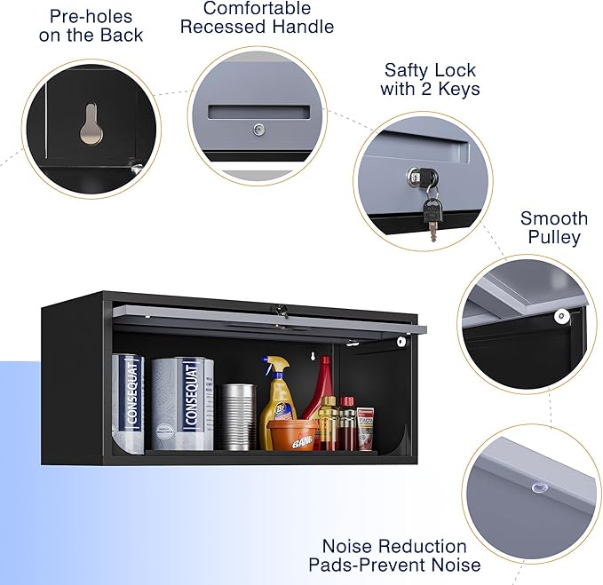Yizosh Metal Garage Wall Cabinet with Doors, Wall Mounted Metal Storage Cabinet, Floating Garage Tool Cabinet for Garage, Basement, Kitchen, Warehouse (Black Gray, 13.7 H)