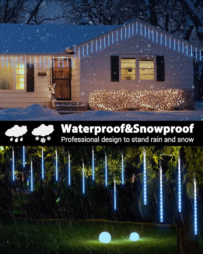 Flacchi Blue 10 Tubes 240 LED Raindrop Lights Meteor Shower Icicle Lights with Timer Function Cascading Falling Rain Light for Holiday Party Christmas Decorations
