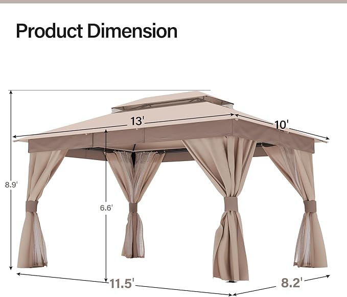LAUSAINT HOME Semi-Permanent Patio Gazebo 10'x13' with Expansion Bolts, Outdoor Heavy Duty Party Tent Shelter with Double Roofs, Mosquito Nets and Privacy Screens for Backyard, Garden, Lawn, Khaki