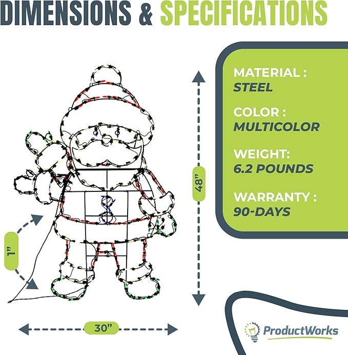 PRODUCTWORKS Pro-Line 48 Inch Waving Santa Indoor/Outdoor Christmas Yard Decoration, 200 Animated LED Multi-Color Lights
