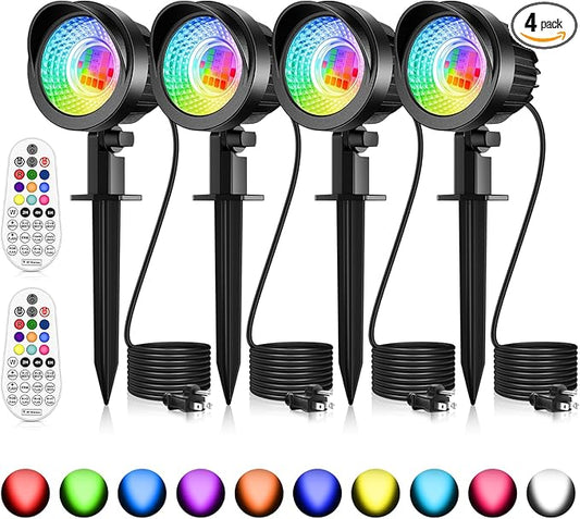 MEIKEE 15W RGB Outdoor LED Spotlight Color Changing Landscape Lights with 4.9ft Cable RGBW Landscape Lighting Waterproof Christmas Halloween Lights for Garden Path Decoration (4 Pack)