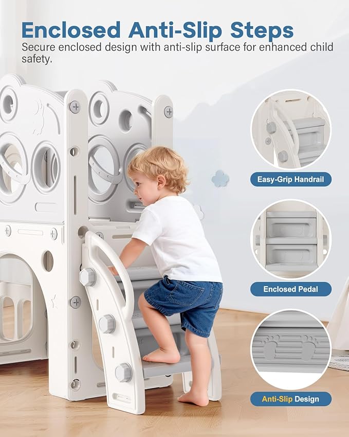Babytronic Toddler Slide Set, 8 in 1 Kids Slide with Climber, Indoor Outdoor Slide for Toddlers Age 1-3, Toddler Playset with Basketball Hoop and Tunnel, Toddler Indoor Outdoor Playground (White&Gray)