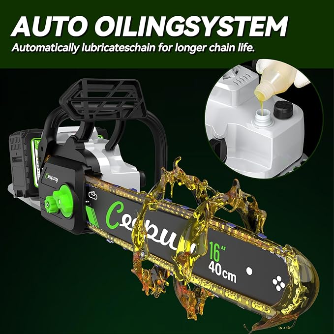 16-inch Electric Chainsaw Cordless, Handheld Chain Saws with 2 x 4.0Ah Battery, Tree Saw with Tool-free Chain Tension, Auto Oiling for Wood Cutting Trimming Branch