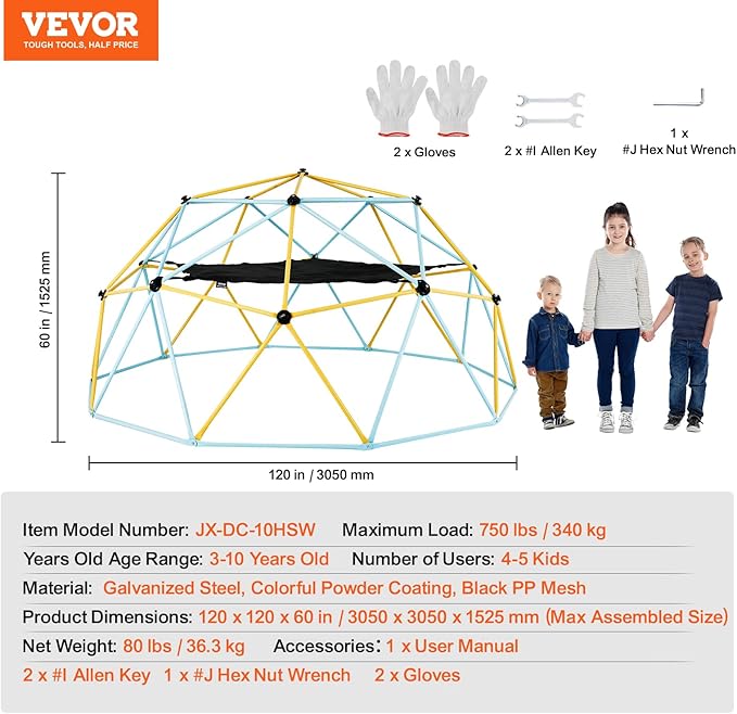 VEVOR Climbing Dome, 10FT Jungle Gym with Hammock and Swing, Geometric Dome Climber Supports 750LBS and Easy Assembly for Kids 3 to 10 Years Old, with Climbing Grip, Outdoor Backyard Play Equipment
