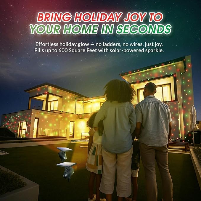 STARTASTIC Solar Wireless Christmas Lights Show Projector, LED Solar Outdoor Christmas Decorations Without Wires for Easy Installation, Auto-On, Remote Control, Waterproof, 5 Modes, for House, Party