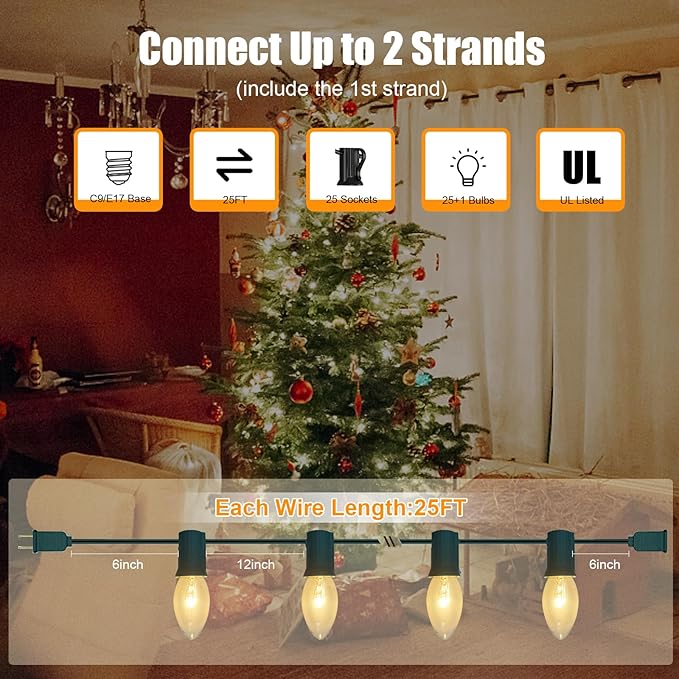 GOOTHY C9 Clear Christmas String Lights, 25Ft Outdoor Christmas Lights with 26 Warm White Bulbs, Hanging Roofline String Lights Vintage Christmas Lights UL Listed for Patio Garden Backyard Decor
