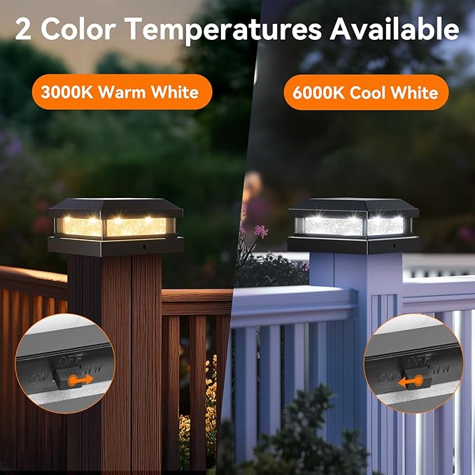 Brightever 4x4 Solar Post Cap Lights Outdoor 8 Packs, Waterproof Solar Powered Deck Light for 5x5 Vinyl/Wooden Posts, Black Outside Warm/Cool Lighting Fence Cap Lights with 16LEDs for Garden, Patio