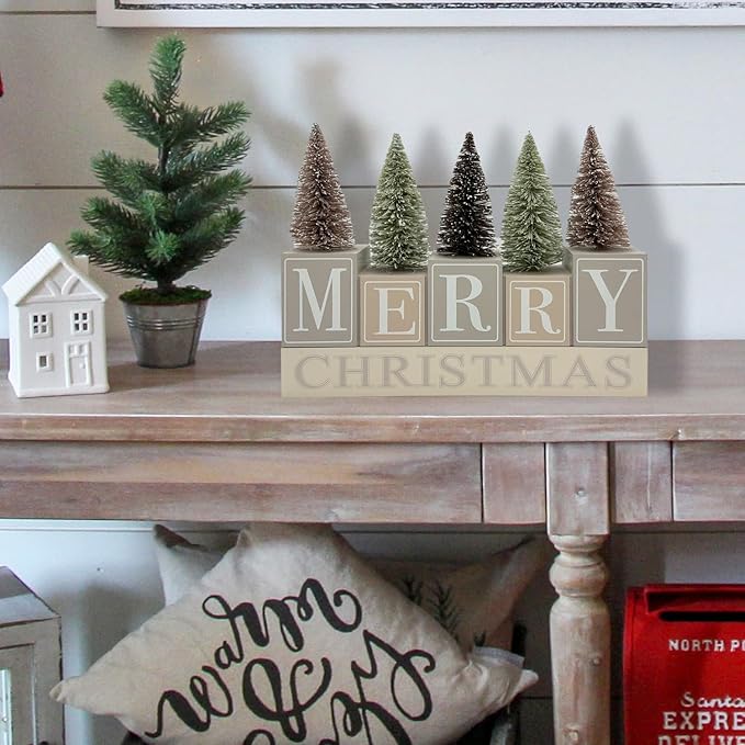 Christmas Decorations for Home Farmhouse Merry Christmas Tree Decor Wooden Winter Rustic Sign Vintage Holiday Tabletop Block for Kitchen Xmas Party Mantel Tiered Tray Gift