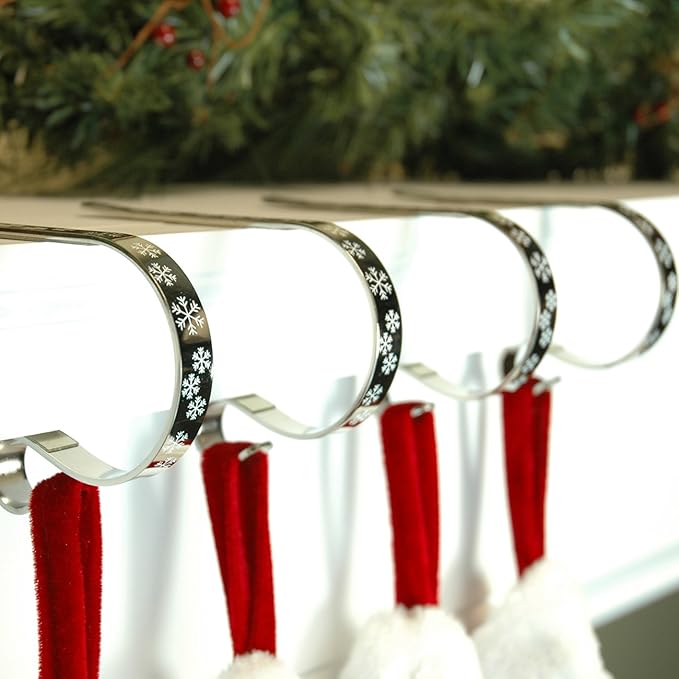 Haute Decor The Original MantleClip Stocking Holder- 4 Pack (Silver with White Snowflakes) - Hang Christmas Stockings Safely and Securely from Mantels Up to 3 Inches Thick