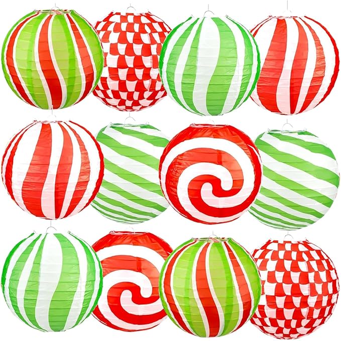 12 PCS Peppermint Christmas Paper Lanterns 12 Inch Round Red Green Xmas Hanging Paper Lanterns Set Candy Canes Lantern Party Decorations for Xmas Indoor Outdoor