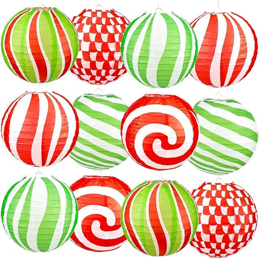 12 PCS Peppermint Christmas Paper Lanterns 12 Inch Round Red Green Xmas Hanging Paper Lanterns Set Candy Canes Lantern Party Decorations for Xmas Indoor Outdoor
