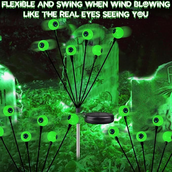 YIQU 2 Pack Halloween Outdoor Decorations Solar Eyeball Lights, 12 LED Green Eyeball Swaying Firefly Light with 2 Lighting Modes, Halloween Decor Waterproof for Patio Yard Lawn Graveyard Props