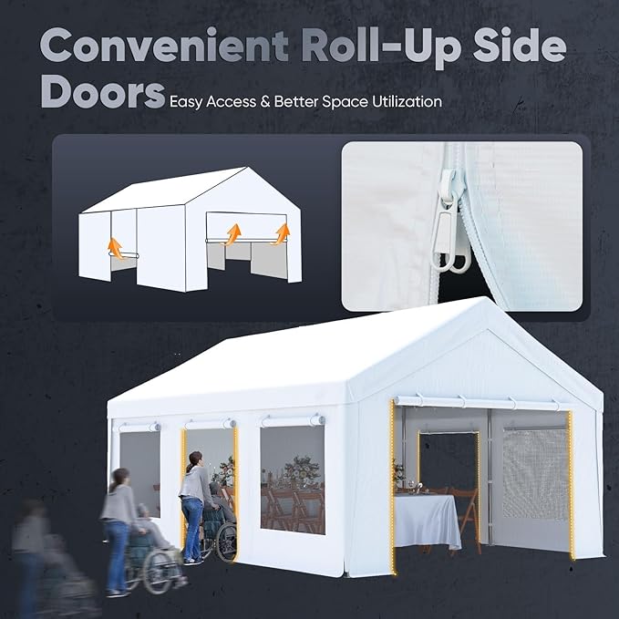 Quictent Heavy Duty 10x20 ft Carports with Side Zipper Doors & Snowproof Steel Cables & Ventilated Windows, Waterproof Storage Shelter for Car, Boat, RV, Outdoor Equipment, White