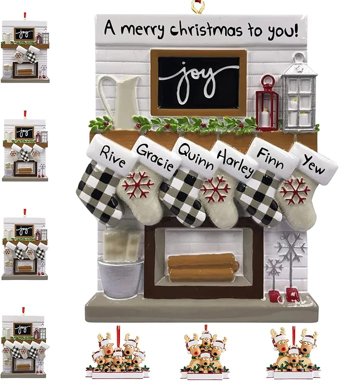 Personalized Christmas Ornaments 2023 Fireplace Mantle Family of 2/3/4/5/6 Custom Joy Family Members' Name for Xmas Tree Decorations Customized New Year Keepsake Family Ornament（Family of 6）