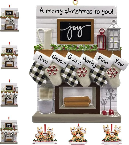 Personalized Christmas Ornaments 2023 Fireplace Mantle Family of 2/3/4/5/6 Custom Joy Family Members' Name for Xmas Tree Decorations Customized New Year Keepsake Family Ornament（Family of 6）